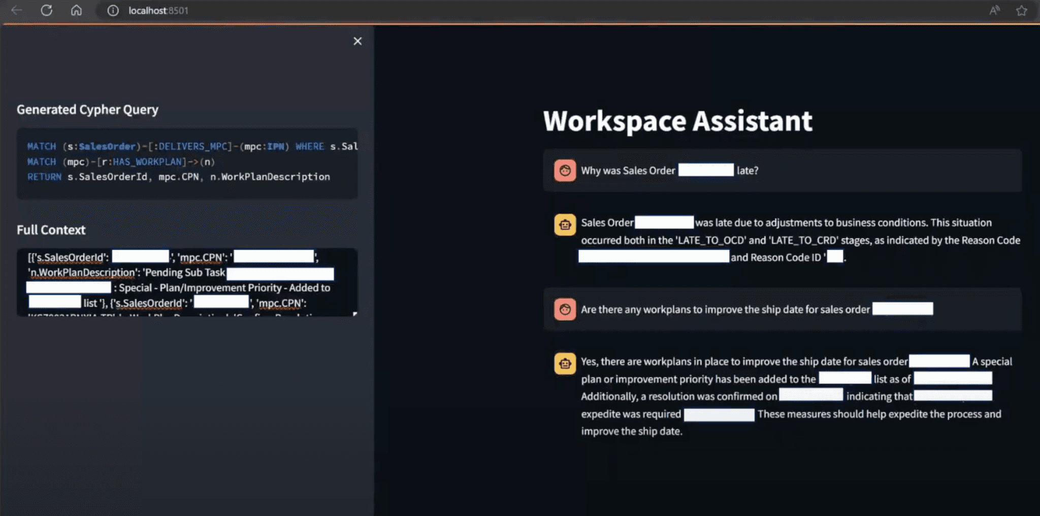 Microchip's Workspace Assistant chatbot: a natural-language question about a late sales order returns an answer with the generated Cypher query and full graph context
