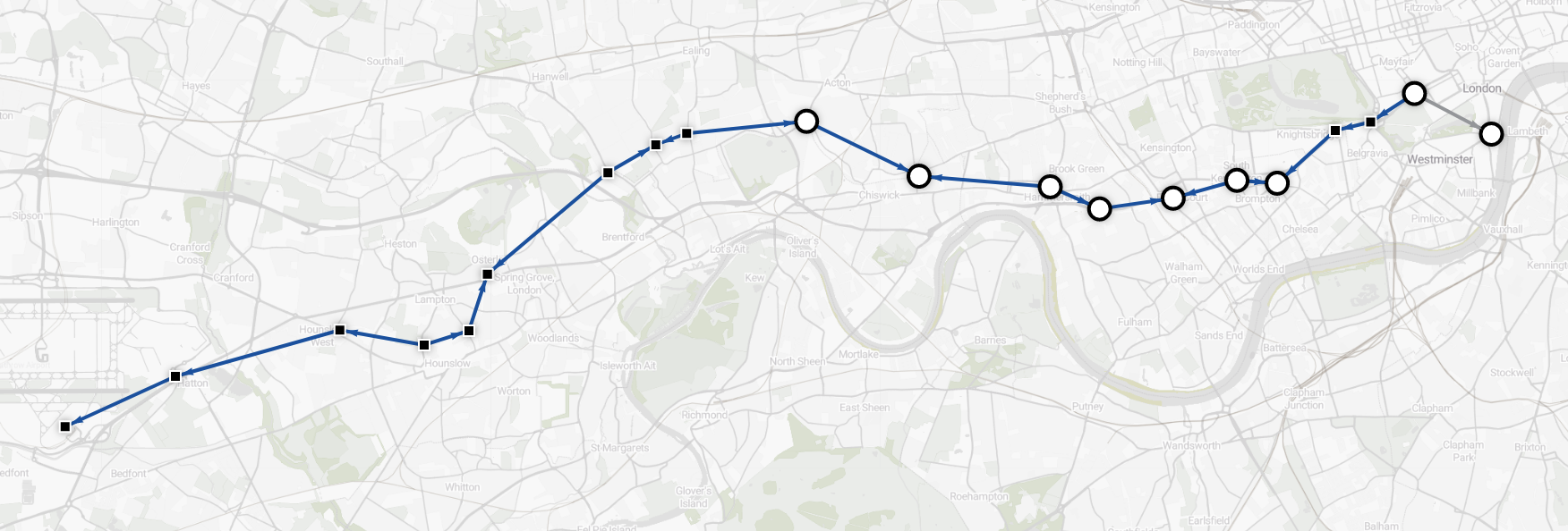 Data visualization - shortest route from Heathrow to Westminster (Circle and District lines excluded)