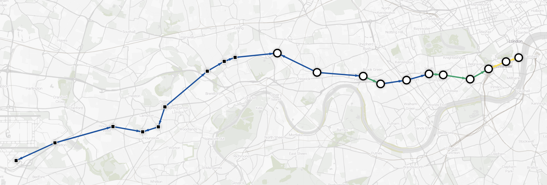 Data visualization - shortest route from Heathrow to Westminster